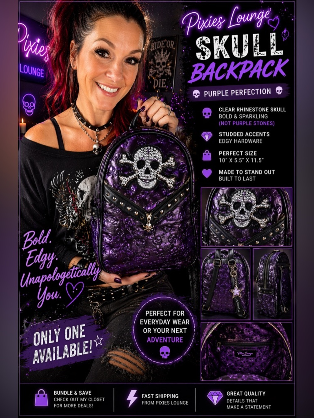 Purple Skull Backpack – Rhinestone Studded Biker Glam | Pixies Lounge 💜